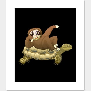 Cute & Funny Sloth Riding Turtle Adorable Animals Posters and Art